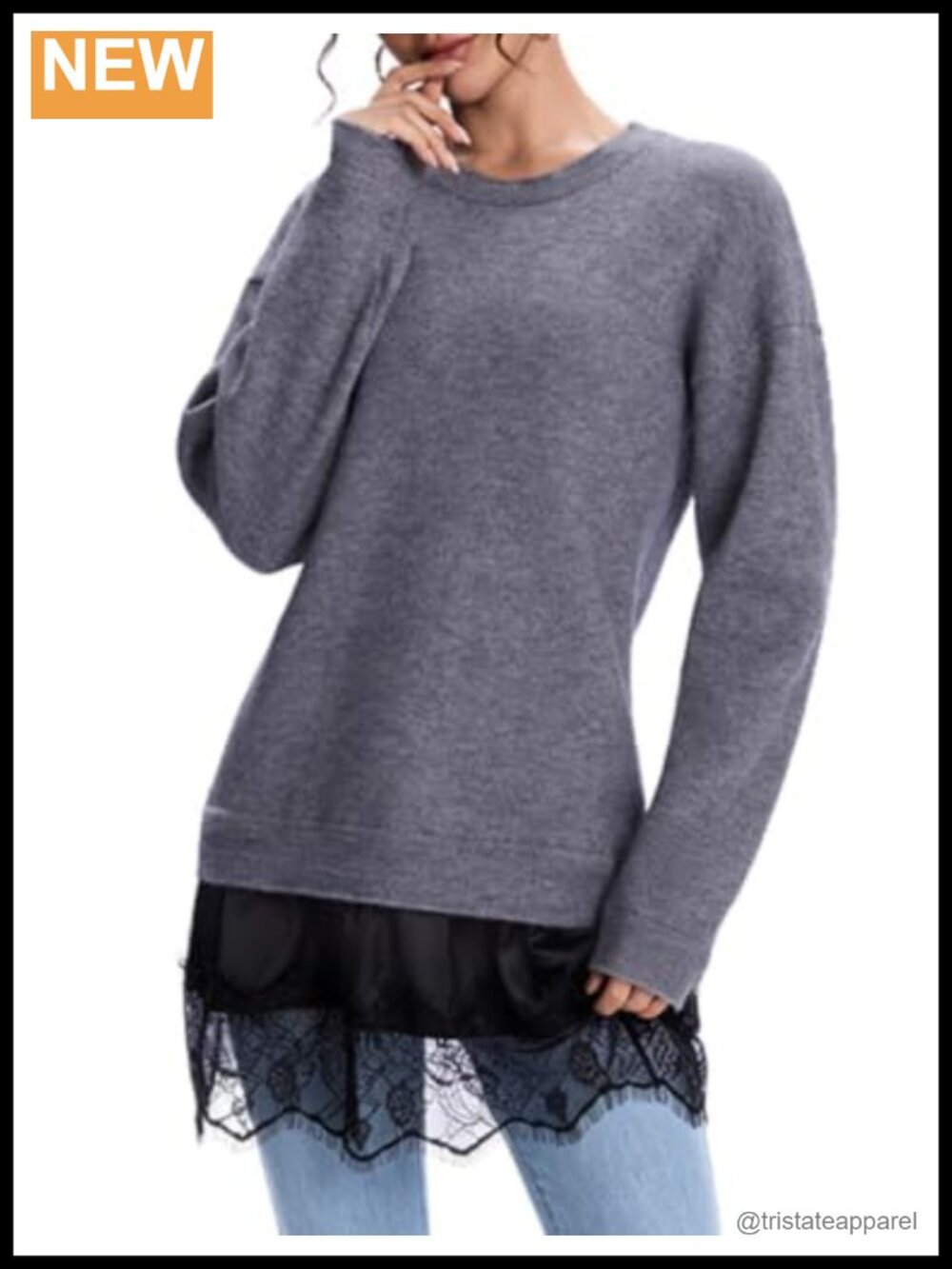 Women's Lace Hem Knit Tunic Sweater Long Sleeve with Satin Lining